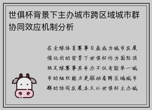 世俱杯背景下主办城市跨区域城市群协同效应机制分析