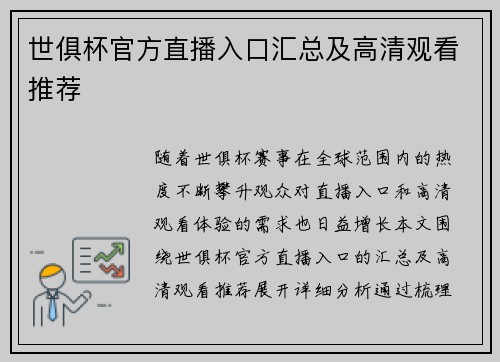 世俱杯官方直播入口汇总及高清观看推荐